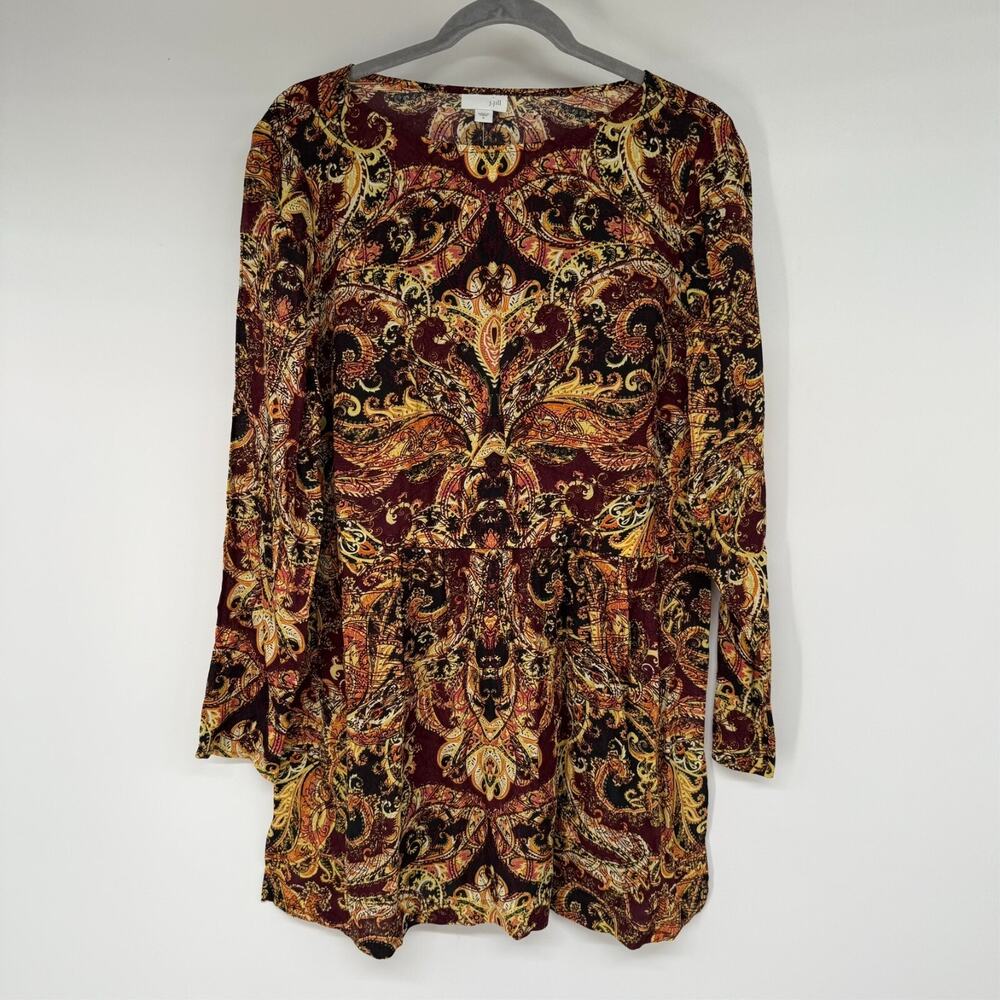 NWT J. JILL Tunic Top Womens S Brown Batik Baroque Paisley Long Sleeve Boho